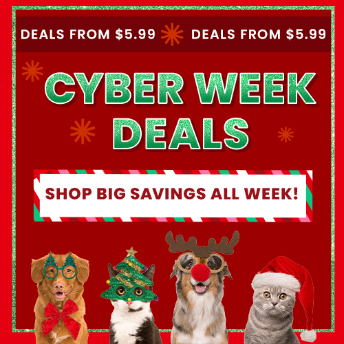 Cyber Week Deals from The Animal Rescue Site and GreaterGood, proceeds help support shelter pets and more, featuring holiday pet accessories like green tree costume, red reindeer headband, and Santa hat.