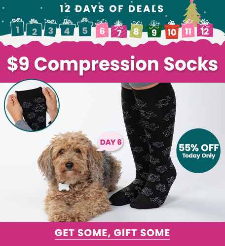 $9 Compression Socks from The Animal Rescue Site and GreaterGood, featuring black paw-pattern compression socks and cozy pet accessories; proceeds help support shelter pets and more.