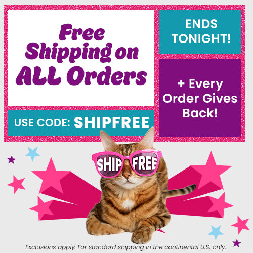 All Orders Ship Free promotion from The Animal Rescue Site and GreaterGood. Proceeds help support shelter pets and more. Cat wearing pink sunglasses, glitter graphics, colorful pet-themed shopping event.