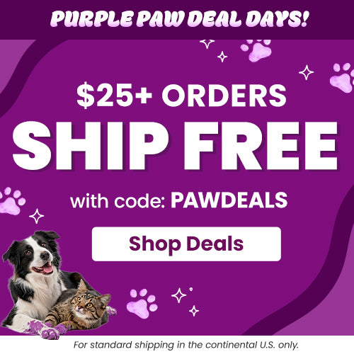 $25+ Orders Ship Free promotion from The Animal Rescue Site and GreaterGood. Proceeds help support shelter pets and more. Free shipping offer, purple paw-themed graphics, dog and tabby cat illustrations, pet-loving shopping savings.