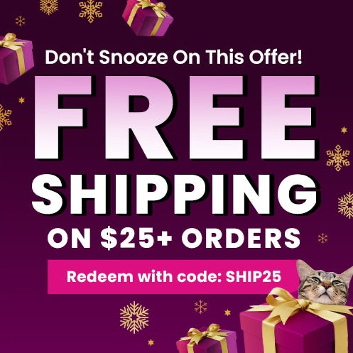 Free Shipping on $25+ Orders from The Animal Rescue Site and GreaterGood featuring festive gift boxes and cat graphic. Proceeds help support shelter pets and more.