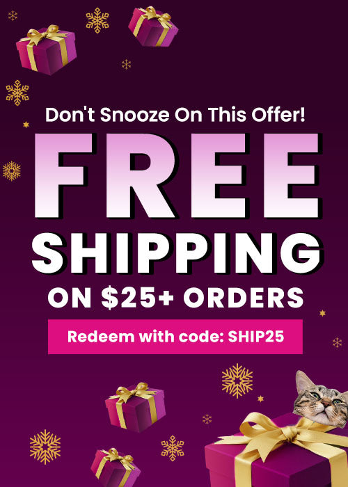 Free Shipping on $25+ Orders from The Animal Rescue Site and GreaterGood featuring festive gift boxes and cat graphic. Proceeds help support shelter pets and more.