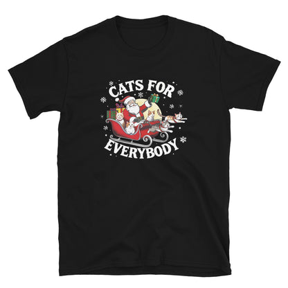 Santa in a sleigh being led by cats that says cats for everybody design on a black shirt