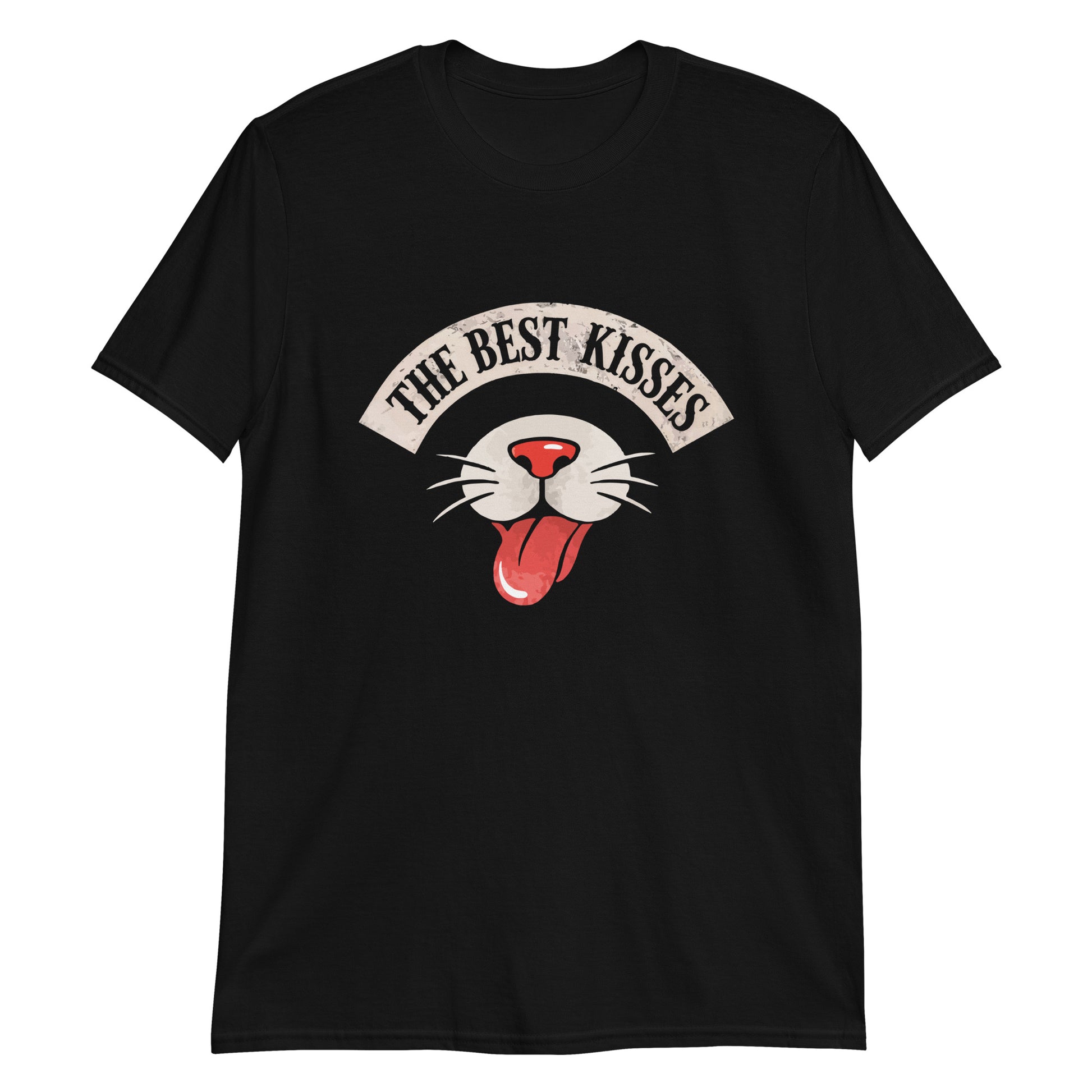 Black t-shirt with a graphic of a cat's face and 'The Best Kisses' text on a white background