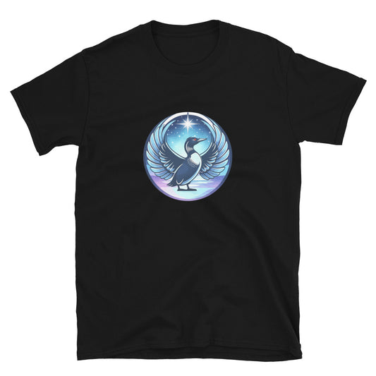 Black t-shirt with loon graphic and text on a white background