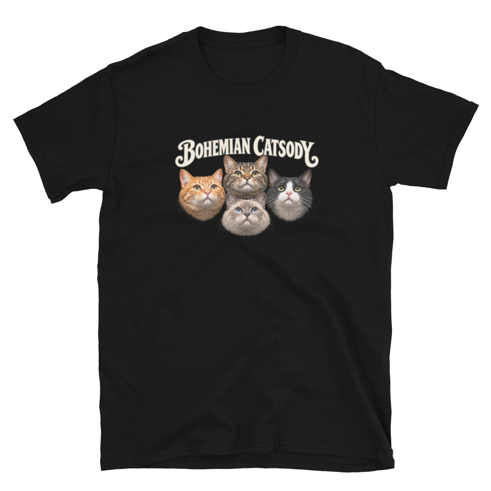 A black short-sleeve crewneck t-shirt featuring a graphic print of four different cat faces below the text 'BOHEMIAN CATSODY' in a white decorative font.