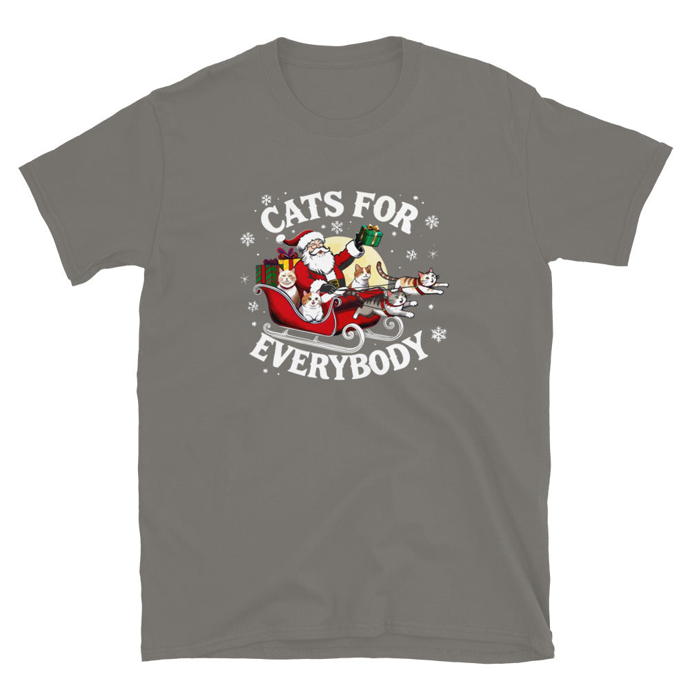 Santa in a sleigh being led by cats that says cats for everybody design on a charcoal gray shirt