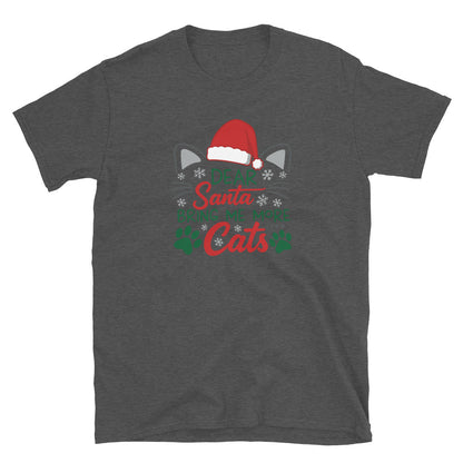 dark heatherd gray Short Sleeve Shirt that reads Dear Santa Bring Me More Cats. Featuring a santa hat, cat ears and cat whiskers with paw prints