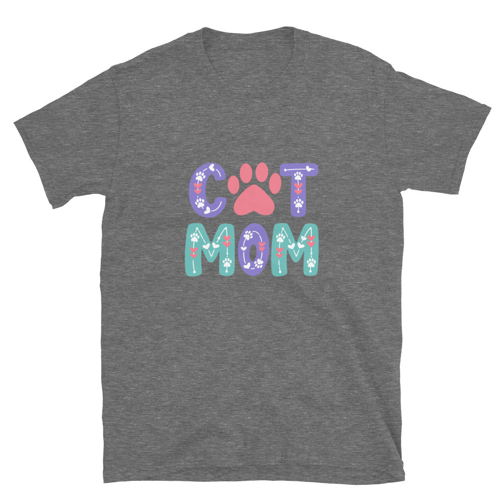 Gray t-shirt with 'Cat Mom' text and paw print design on a white background