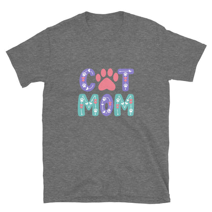 Gray t-shirt with 'Cat Mom' text and paw print design on a white background