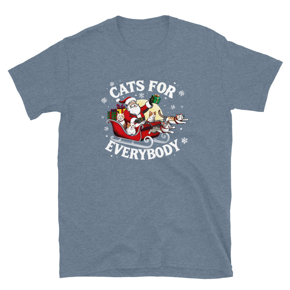 Santa in a sleigh being led by cats that says cats for everybody design on a heathered indigo blue shirt