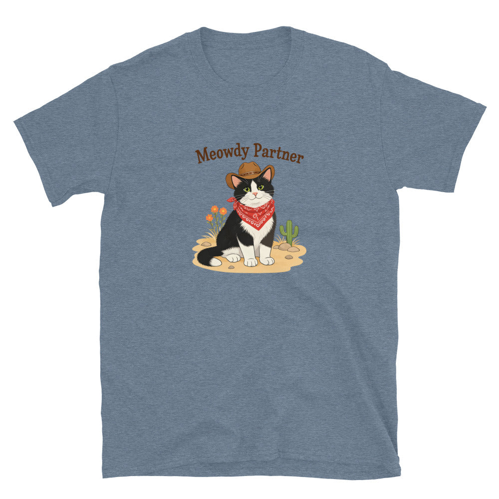 A heathered blue shirt featuring a cat dressed up as a cowboy that says Meowdy Partner