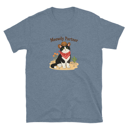 A heathered blue shirt featuring a cat dressed up as a cowboy that says Meowdy Partner