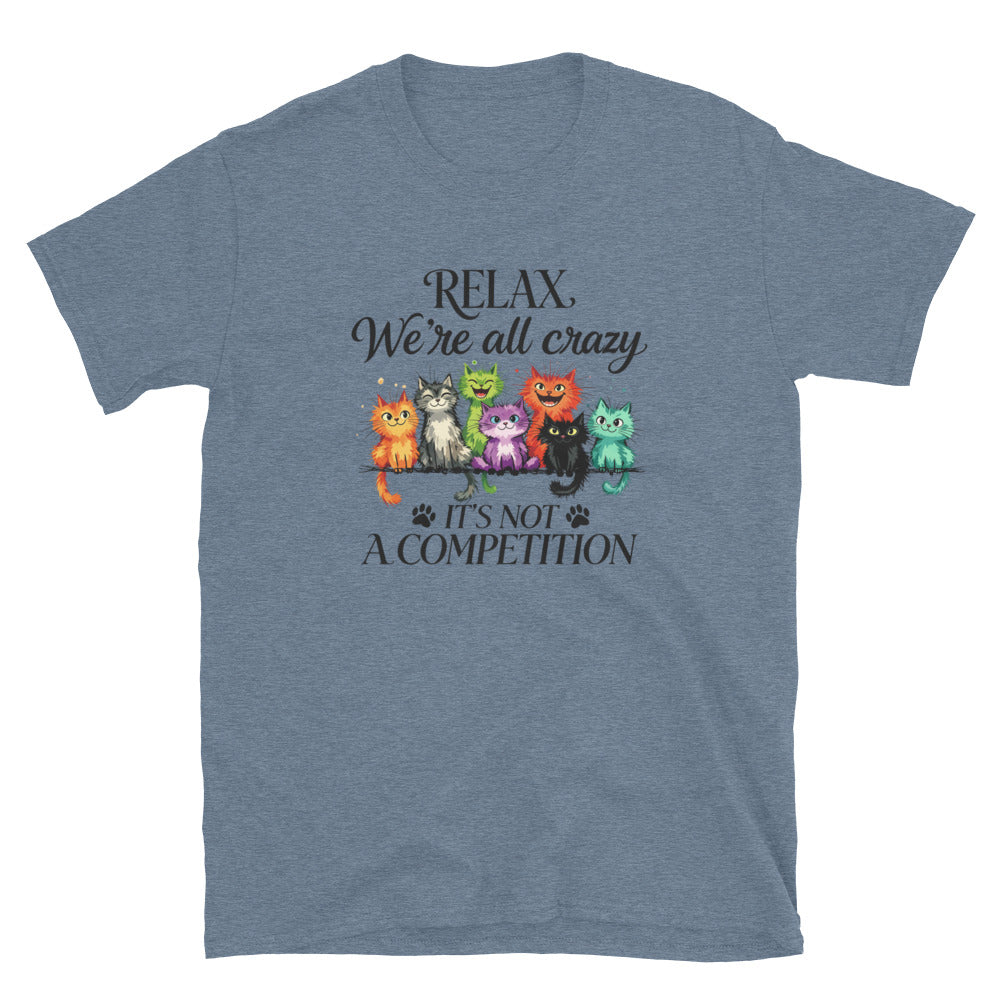 Blue t-shirt with colorful cats graphic and text on a white background