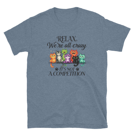 Blue t-shirt with colorful cats graphic and text on a white background
