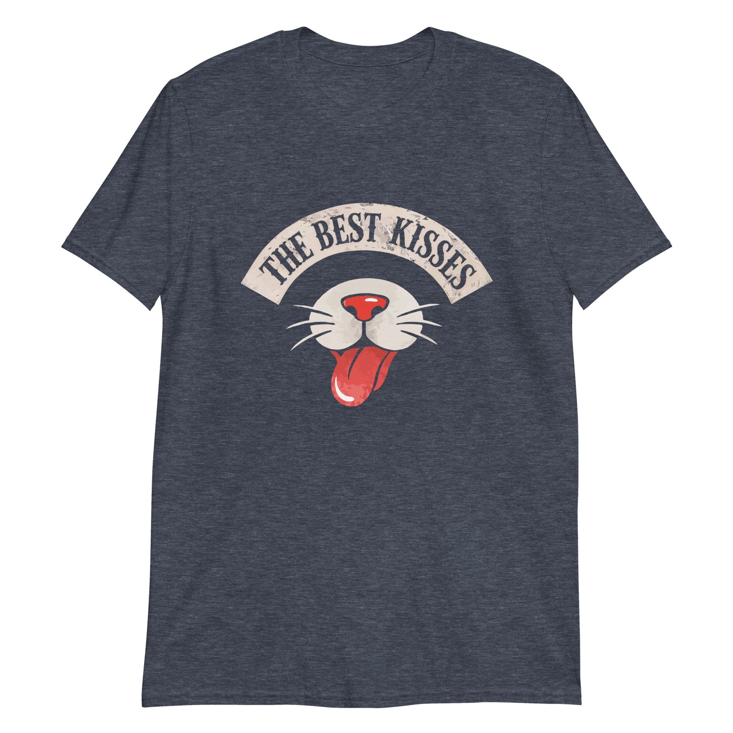 Heathered Navy t-shirt with a graphic of a cat's face and 'The Best Kisses' text on a white background