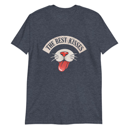 Heathered Navy t-shirt with a graphic of a cat's face and 'The Best Kisses' text on a white background