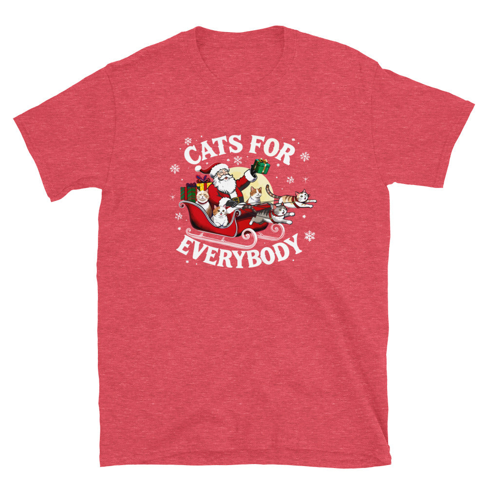 Santa in a sleigh being led by cats that says cats for everybody design on a red shirt