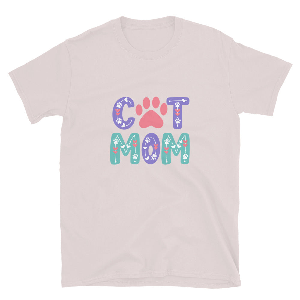 T-shirt with 'Cat Mom' text and paw print design on a light pink background