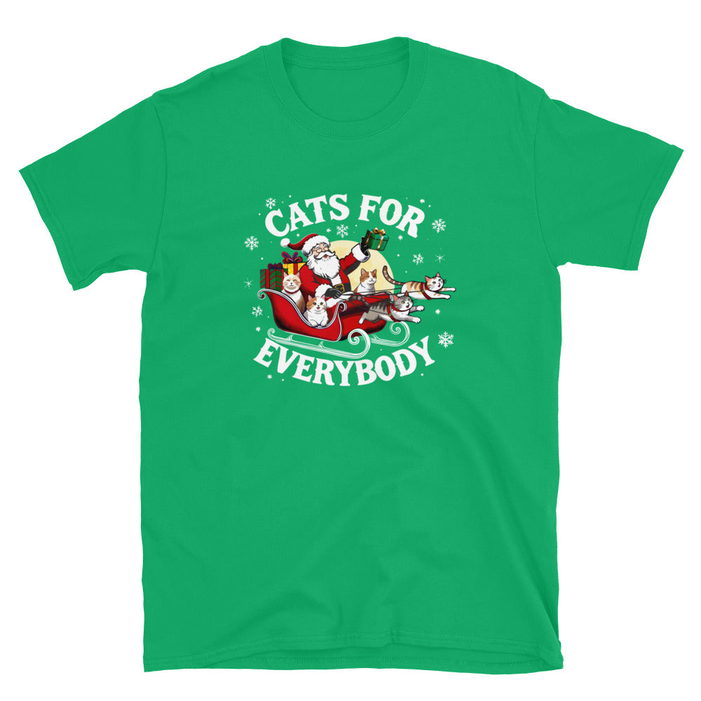 Santa in a sleigh being led by cats that says cats for everybody design on a bright green shirt