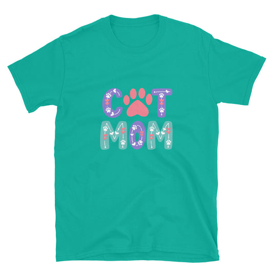 Green t-shirt with 'Cat Mom' text and paw prints on a white background