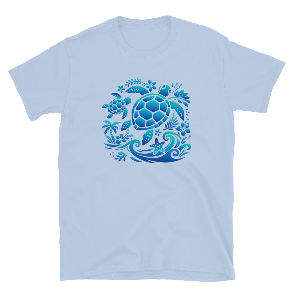 Light blue t-shirt with a blue sea turtle design on a white background