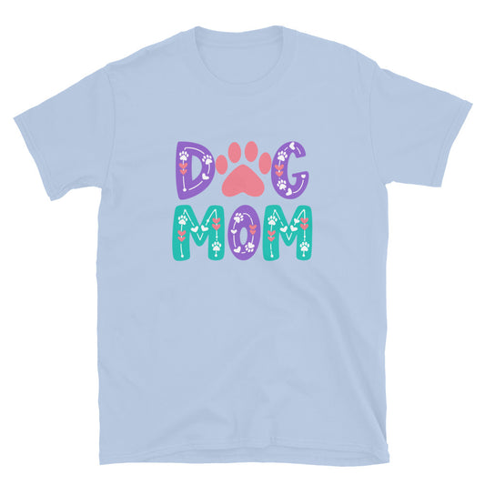 Light blue t-shirt with 'Dog Mom' text and paw prints on a white background