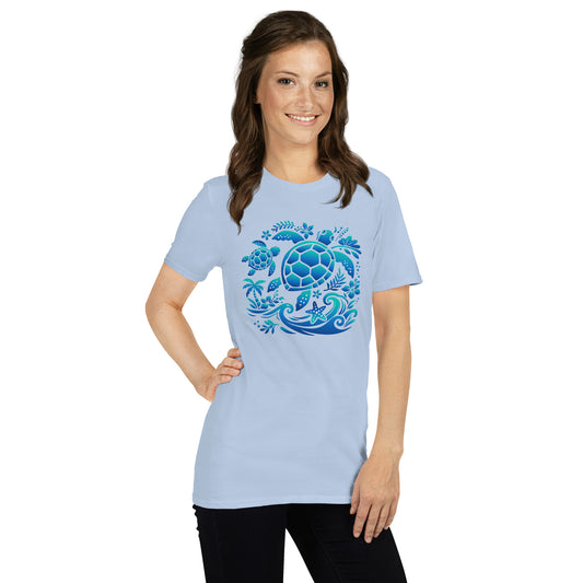 Woman wearing a light blue t-shirt with a blue turtle design on a white background