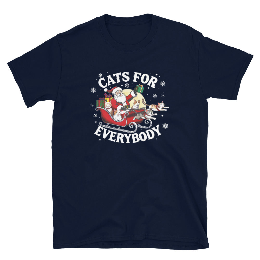 Santa in a sleigh being led by cats that says cats for everybody design on a navy shirt