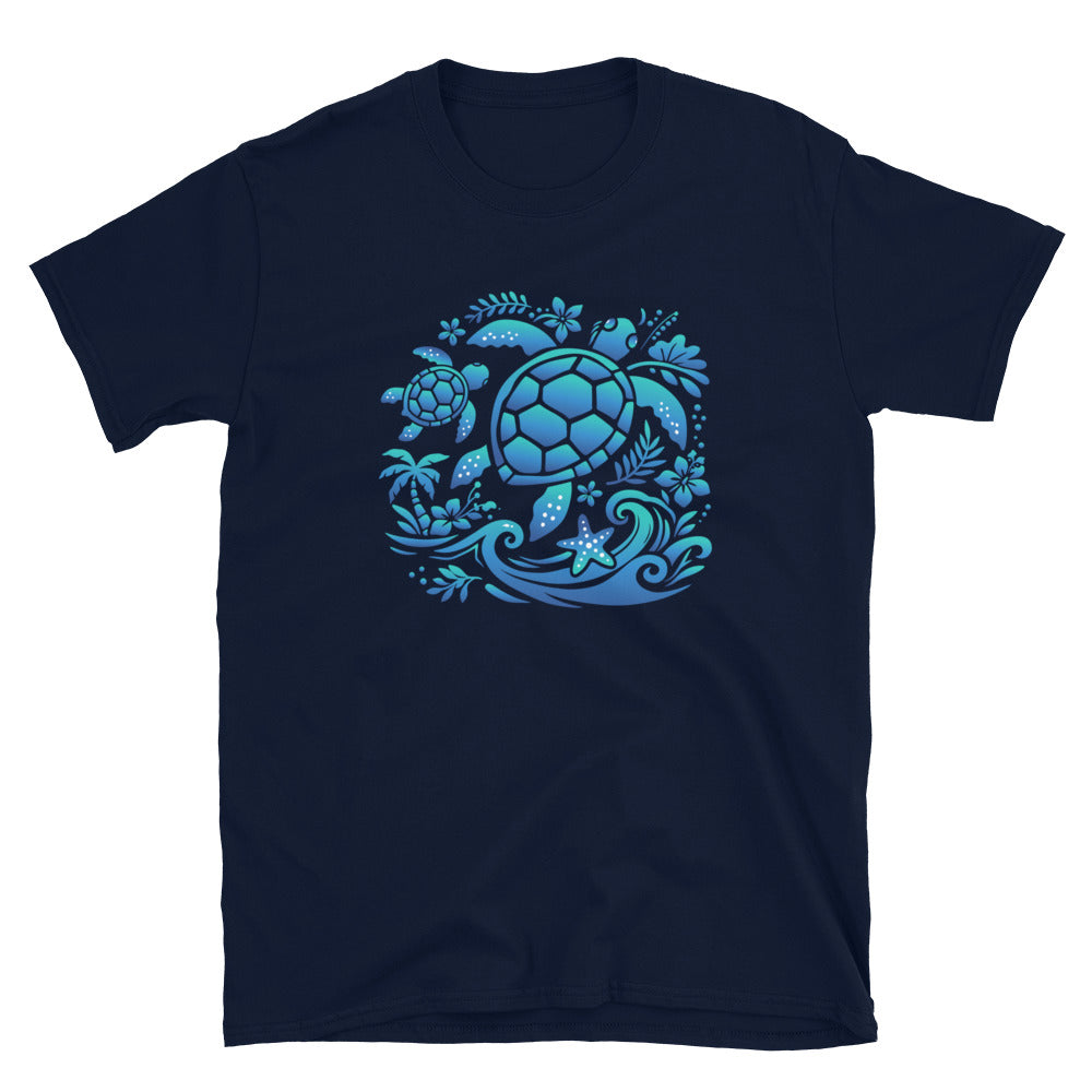 Navy blue t-shirt with a blue turtle design on a white background