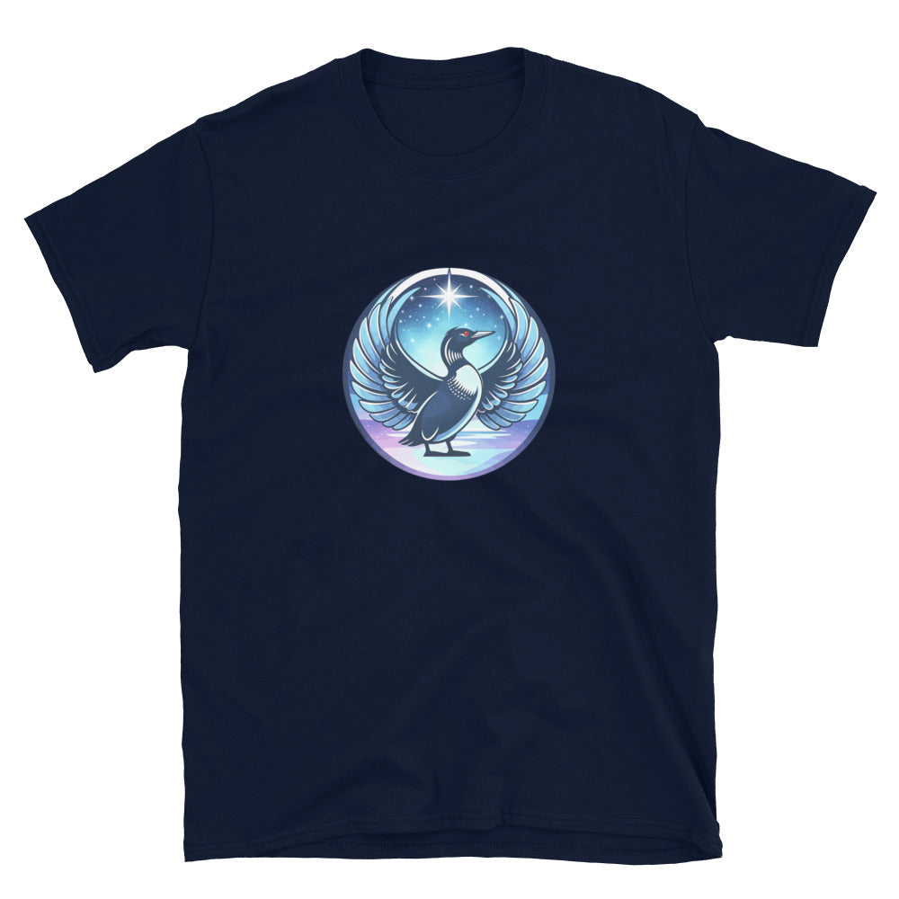 Navy t-shirt with loon graphic and text on a white background