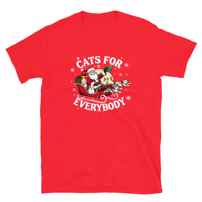 Santa in a sleigh being led by cats that says cats for everybody design on a bright red shirt