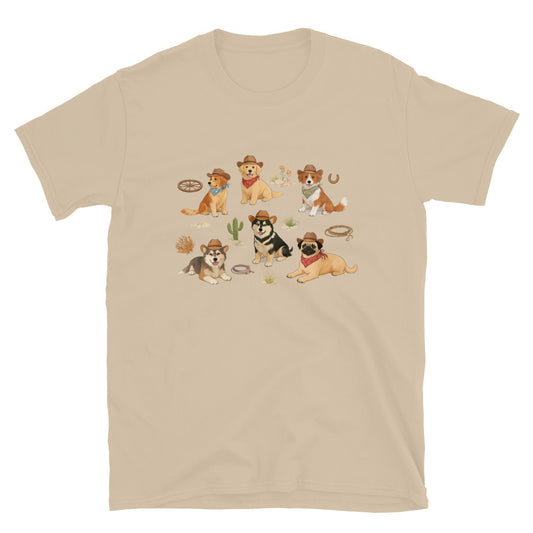 Beige t-shirt with cartoon dogs wearing cowboy hats and outfits on a white background