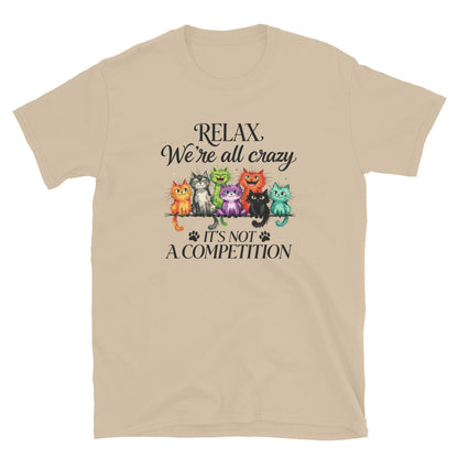 Beige t-shirt with colorful cats and text on a white background