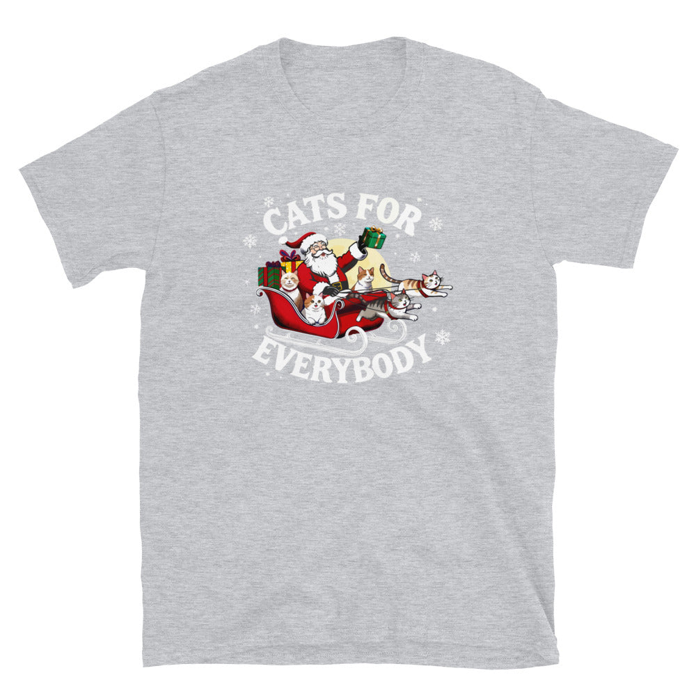 Santa in a sleigh being led by cats that says cats for everybody design on a sports gray shirt