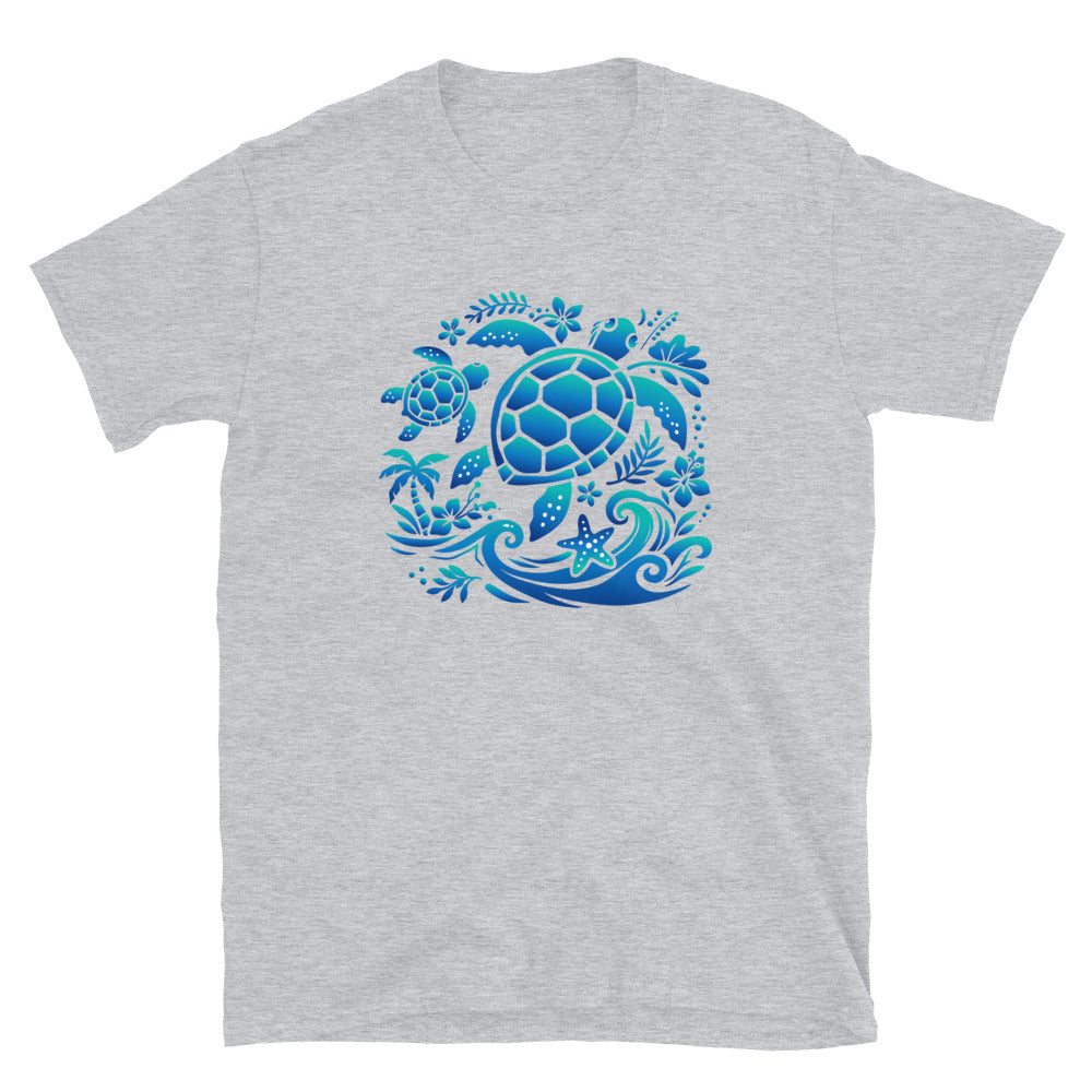 Gray t-shirt with blue turtle design on a white background
