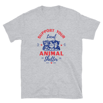 Gray t-shirt with 'Support Your Local Animal Shelter' text and cat illustrations on a white background