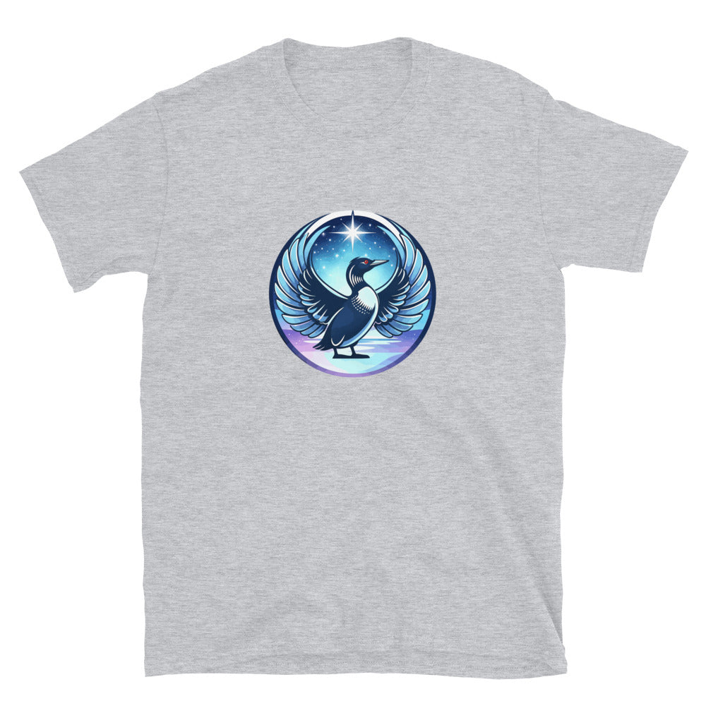 Gray t-shirt with a blue and purple graphic of a bird and star on a white background