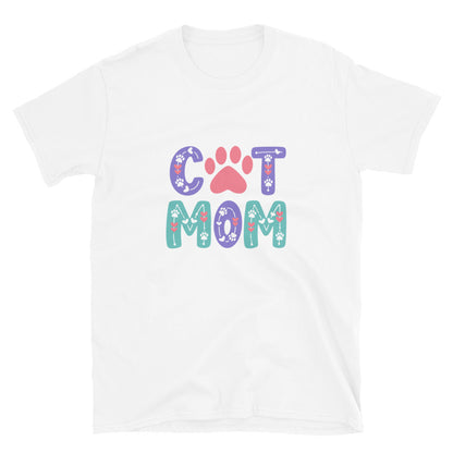 White t-shirt with 'Cat Mom' text and paw print design on a white background