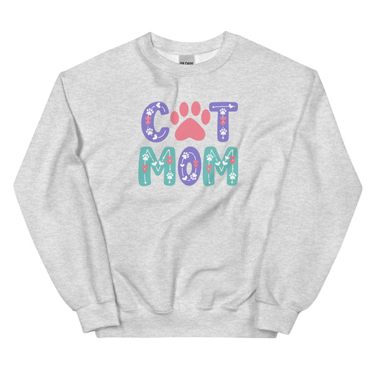 Gray sweatshirt with 'Cat Mom' text and paw prints on a white background
