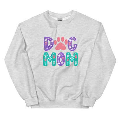 Gray sweatshirt with 'Dog Mom' text and paw prints on a white background