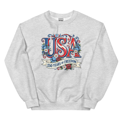 Gray sweatshirt with 'USA 250 Years of Freedom' design on a white background