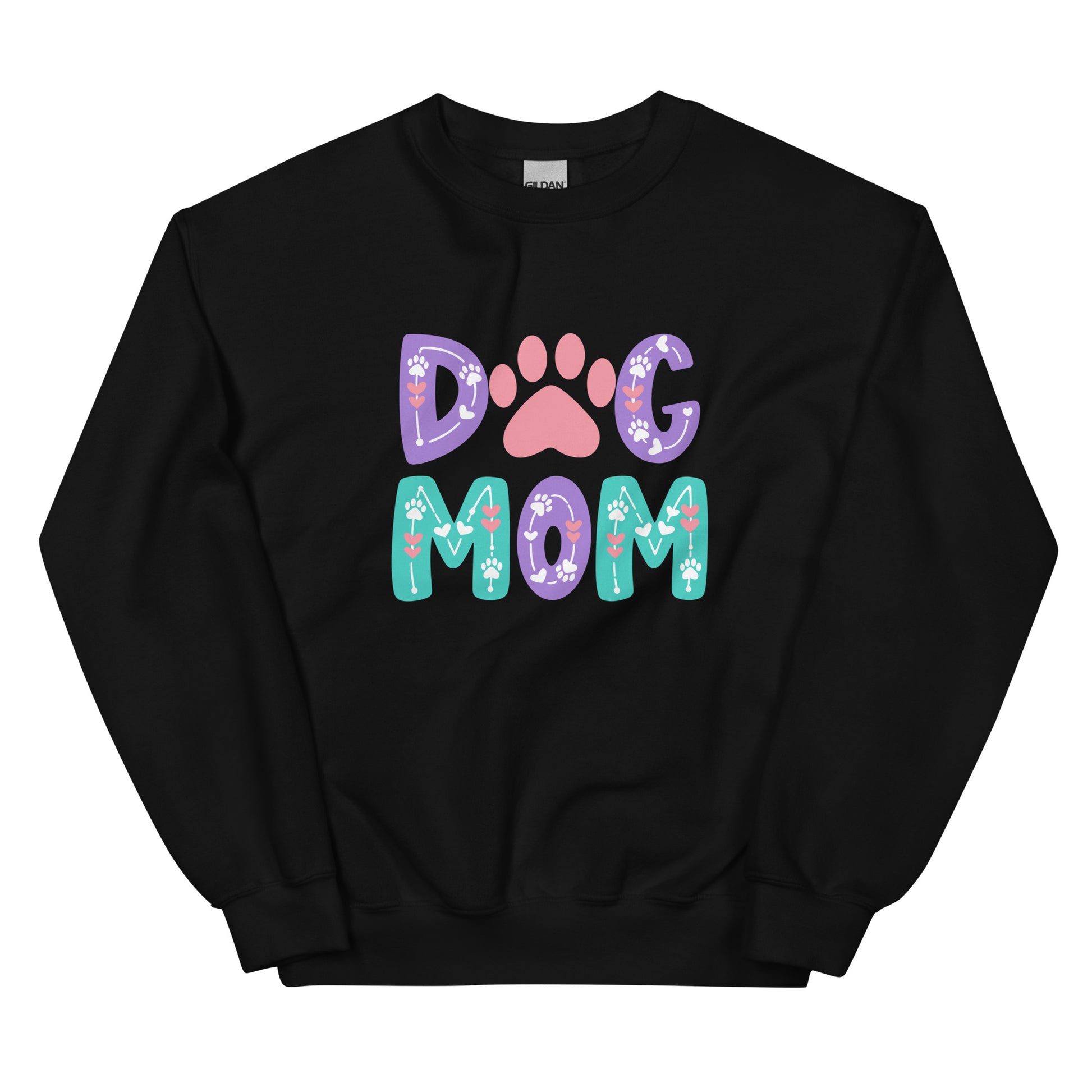 Black sweatshirt with 'Dog Mom' text and paw print design on a white background