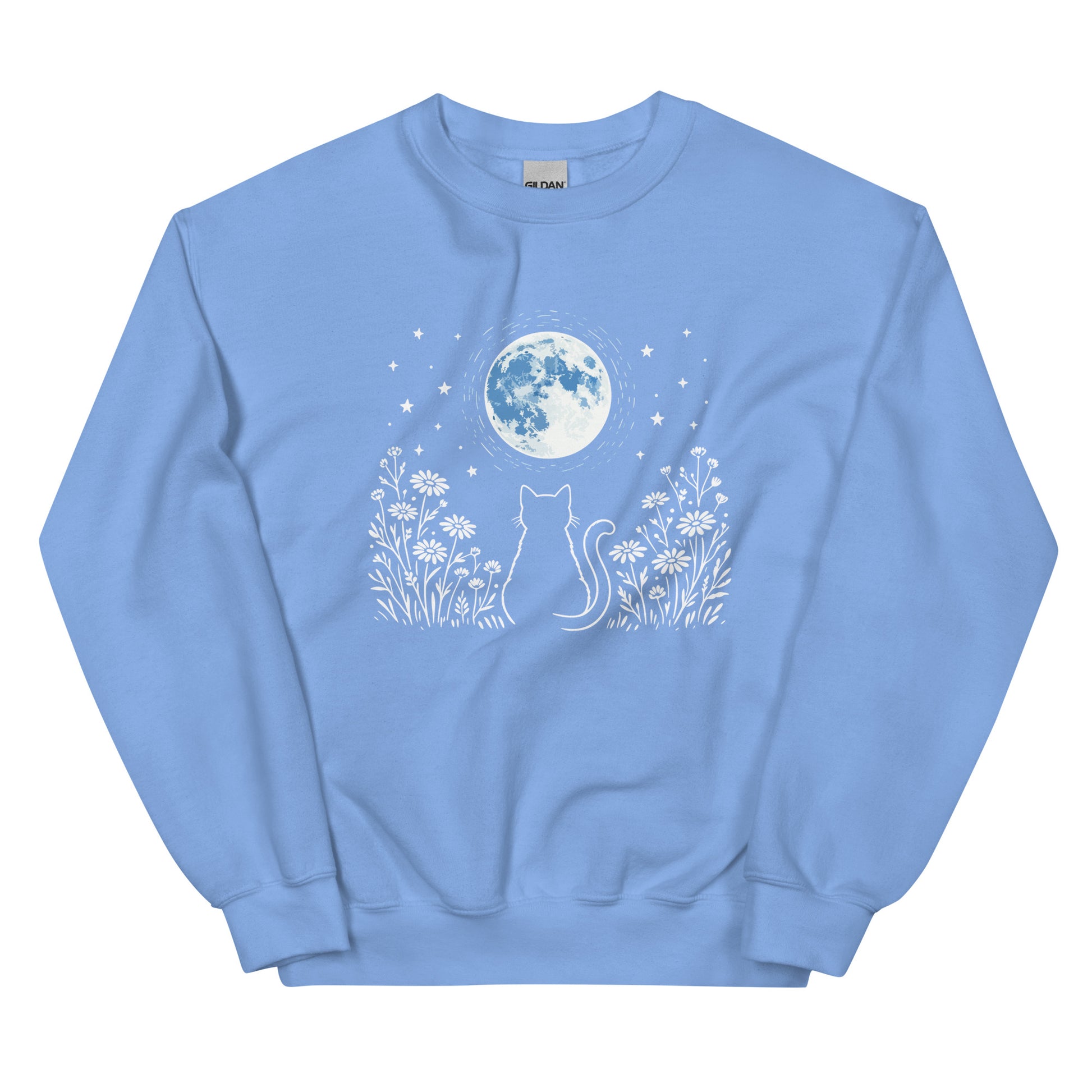 Light blue sweatshirt with a white cat and moon design on a white background