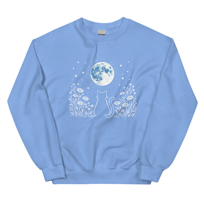 Light blue sweatshirt with a white cat and moon design on a white background
