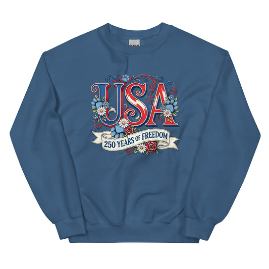 Blue sweatshirt with 'USA 250 Years of Freedom' design on a white background