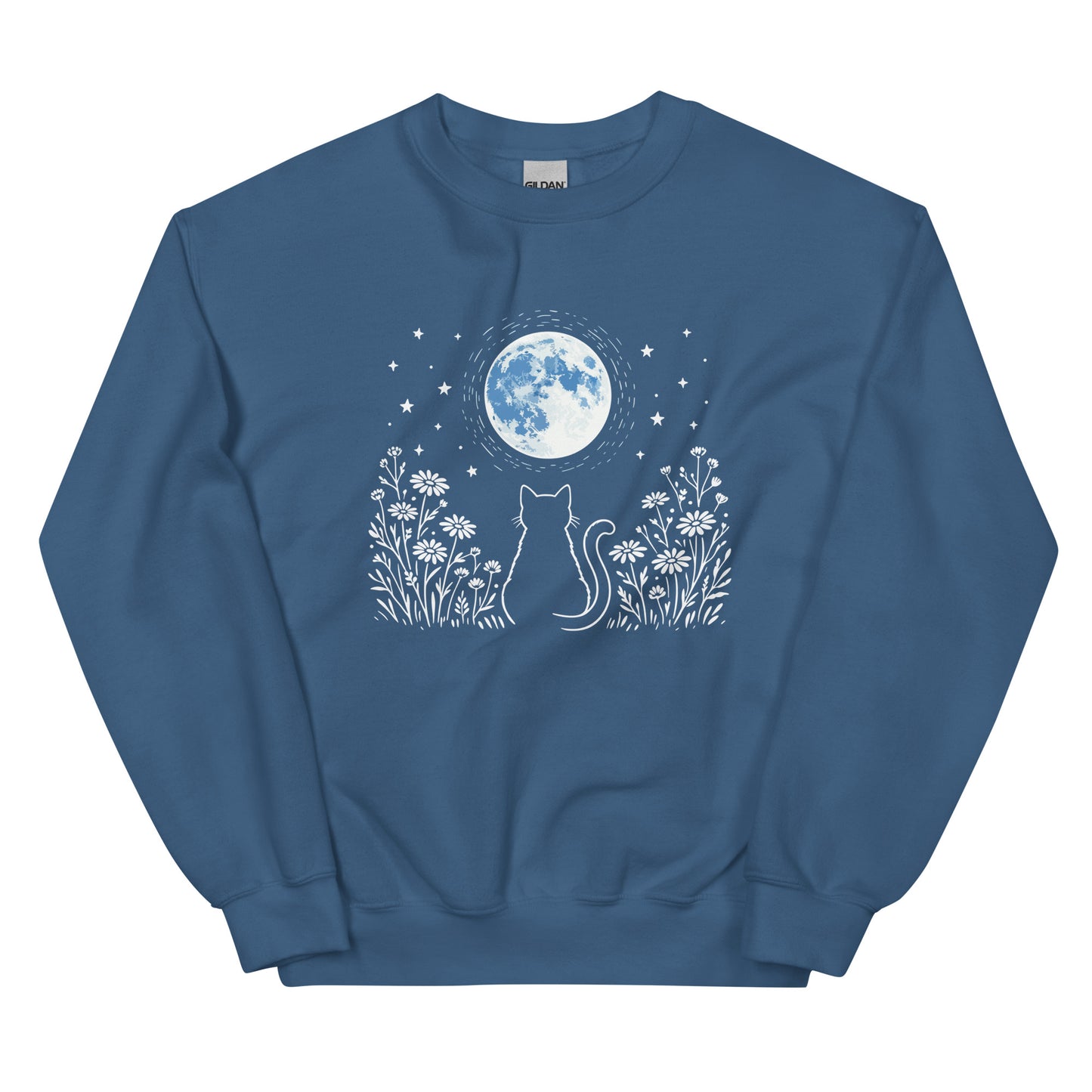 Blue sweatshirt with a white cat and moon design on a white background