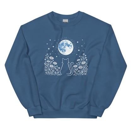 Blue sweatshirt with a white cat and moon design on a white background