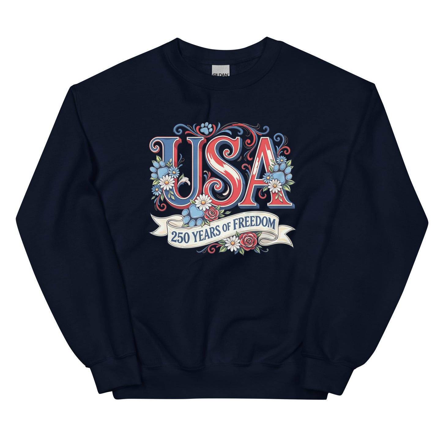 Navy blue sweatshirt with 'USA 250 Years of Freedom' text and floral design on a white background