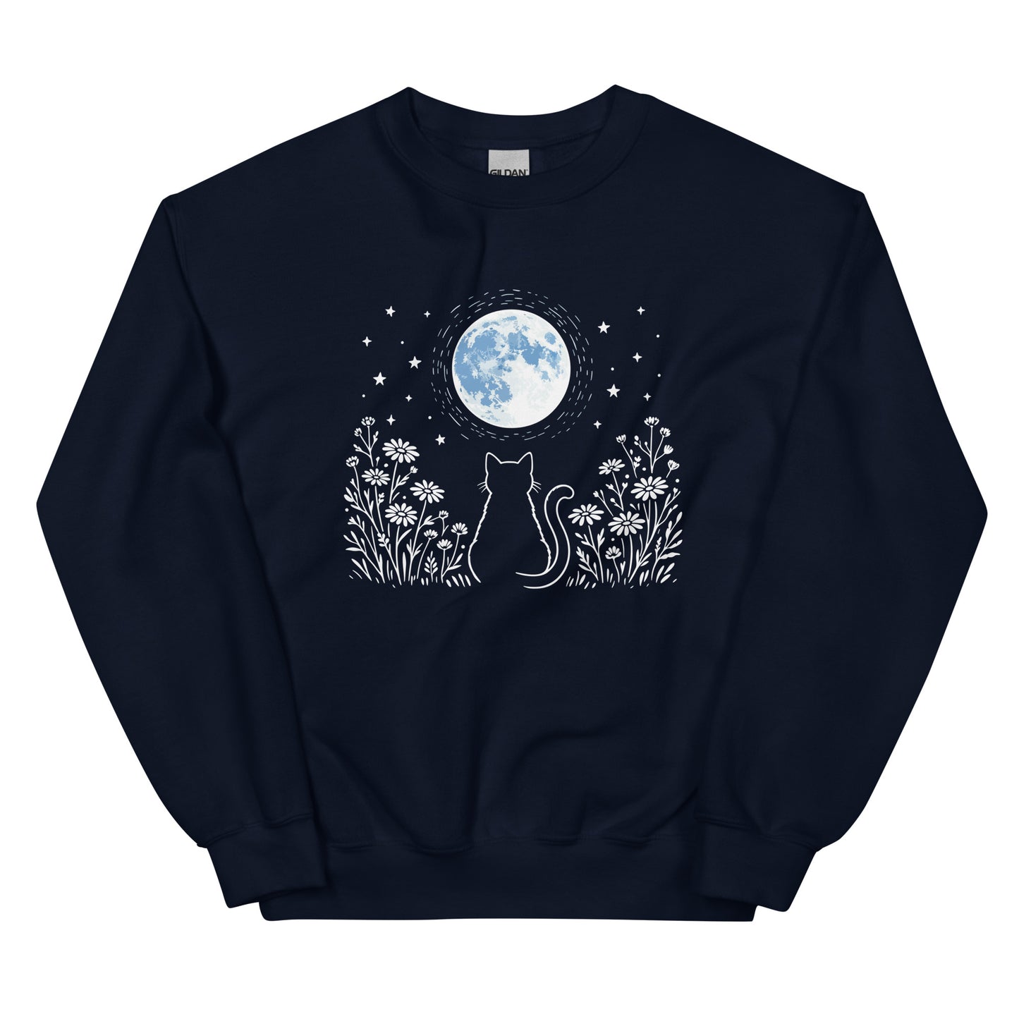Navy blue sweatshirt with a cat and moon graphic on a white background